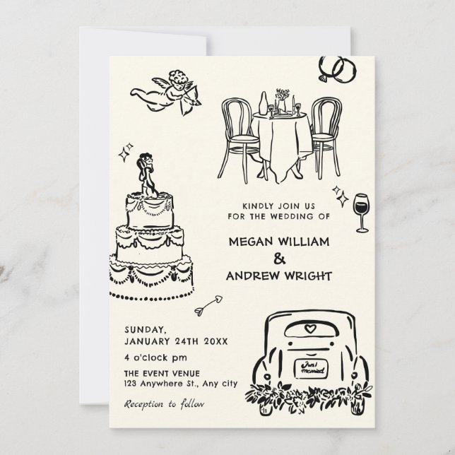 Hand drawn doodle wedding  invitation (Front)