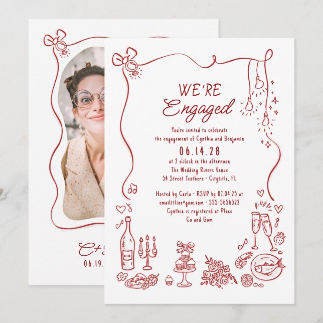 Hand Drawn Doodle Whimsical Engagement Party Photo Invitation (Front/Back)