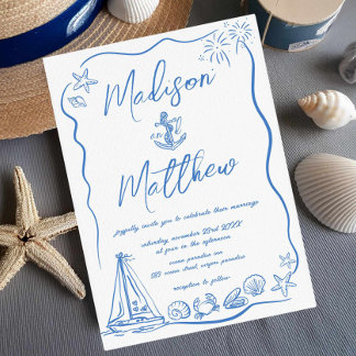 Hand Drawn Doodles Anchor Beach Nautical Wedding  Invitation