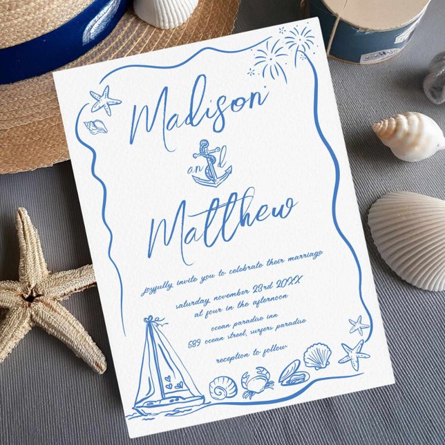 Hand Drawn Doodles Anchor Beach Nautical Wedding  Invitation (Creator Uploaded)