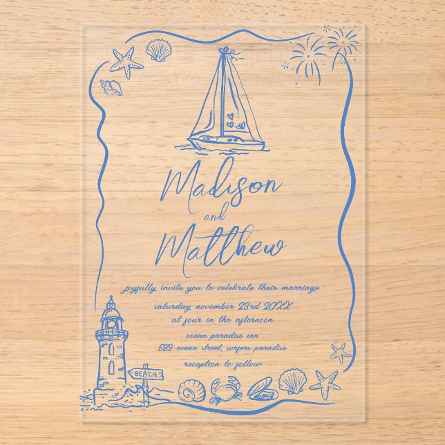 Hand Drawn Doodles Boat Beach Nautical Wedding Acrylic Invitations (Front)