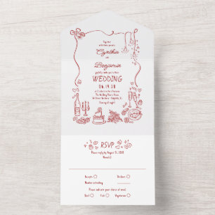 Hand Drawn Doodles Funky Quirky Modern Wedding All In One Invitation