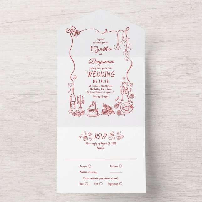 Hand Drawn Doodles Funky Quirky Modern Wedding All In One Invitation (Inside)
