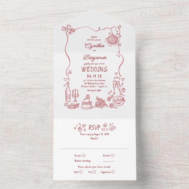 Hand Drawn Doodles Funky Quirky Modern Wedding All In One Invitation (Inside)
