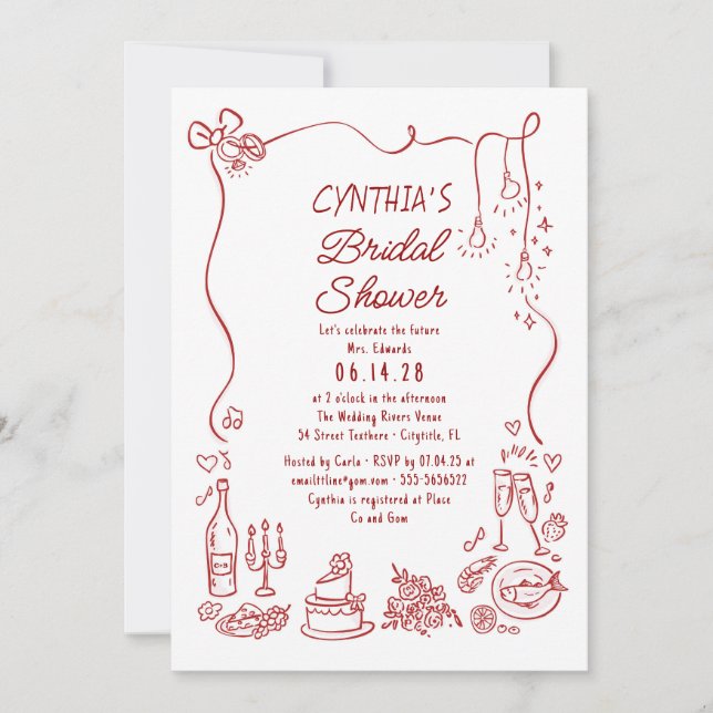Hand Drawn Doodles Funky Whimsical Bridal Shower Invitation (Front)