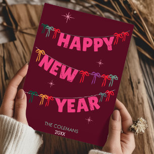 Hand Drawn doodles happy new year pink greetings Holiday Card