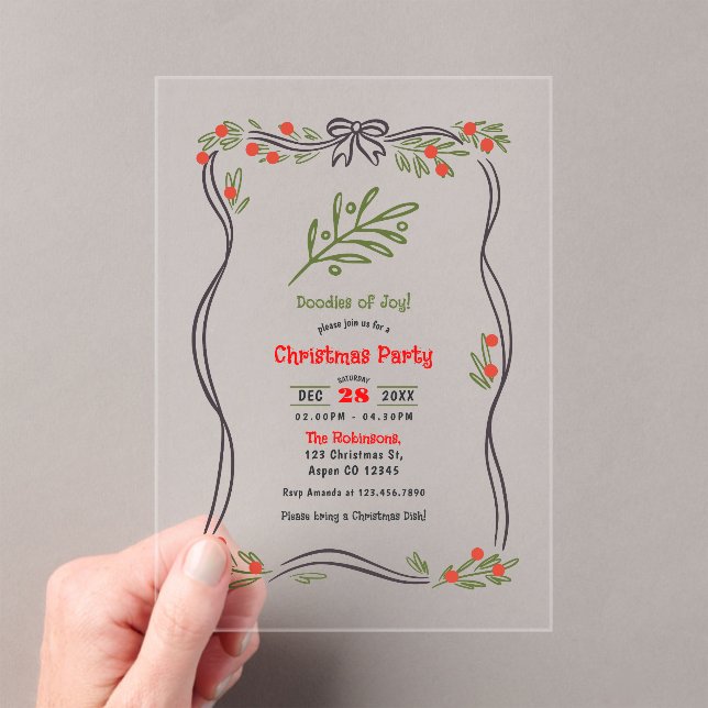 Hand-Drawn Doodles of Joy Clear Christmas Party Acrylic Invitations (Insitu (Handheld))