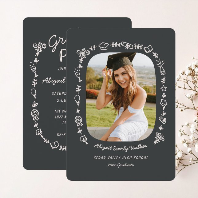 Hand Drawn Doodles Photo Grad Invitation (Black background and white hand drawn graduation icons doodle announcement with invitation )