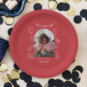 Hand Drawn Doodles Red Arch Photo Graduate Party Paper Plate