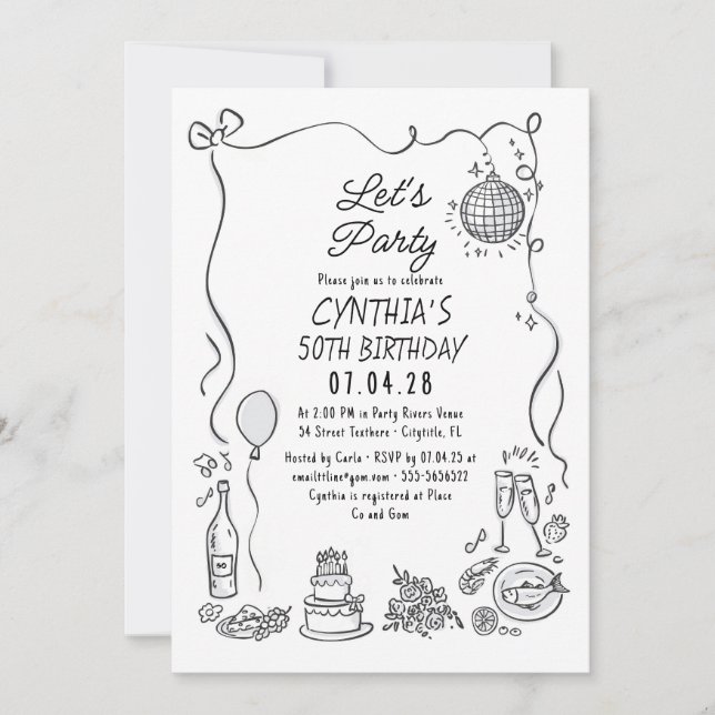 Hand Drawn Doodles Whimsical Quirky Adult Birthday Invitation (Front)