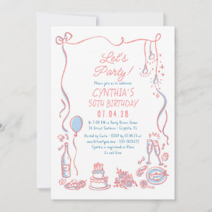 Hand Drawn Doodles Whimsical Quirky Adult Birthday Invitation