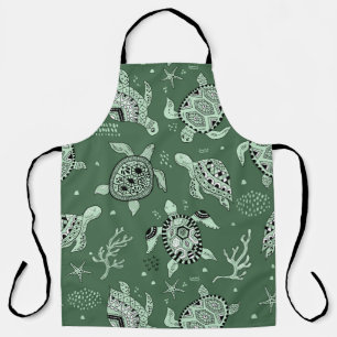 Hand drawn doodling sea turtle ethnic pattern apron