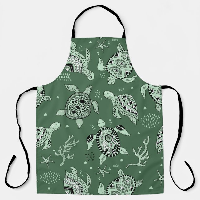Hand drawn doodling sea turtle ethnic pattern apron (Front)