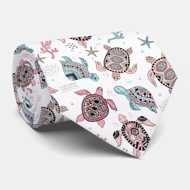 Hand drawn doodling sea turtle ethnic pattern tie (Rolled)