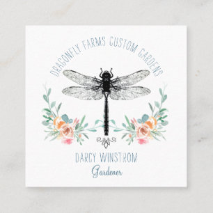 Hand Drawn Dragonfly Floral Gardener Square Busine Business Card