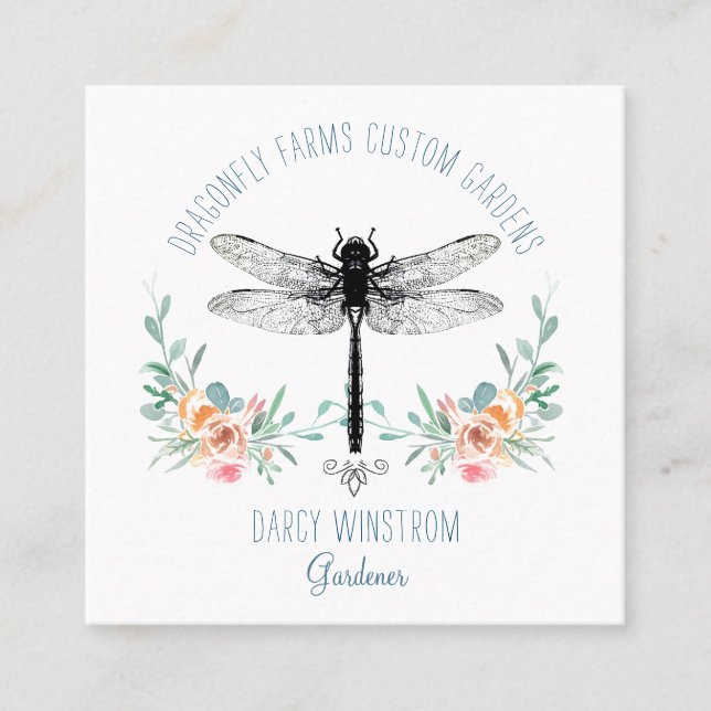 Hand Drawn Dragonfly Floral Gardener Square Busine Business Card (Front)