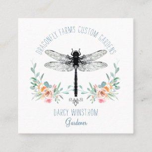 Hand Drawn Dragonfly Floral Gardener Square Busine Square Business Card