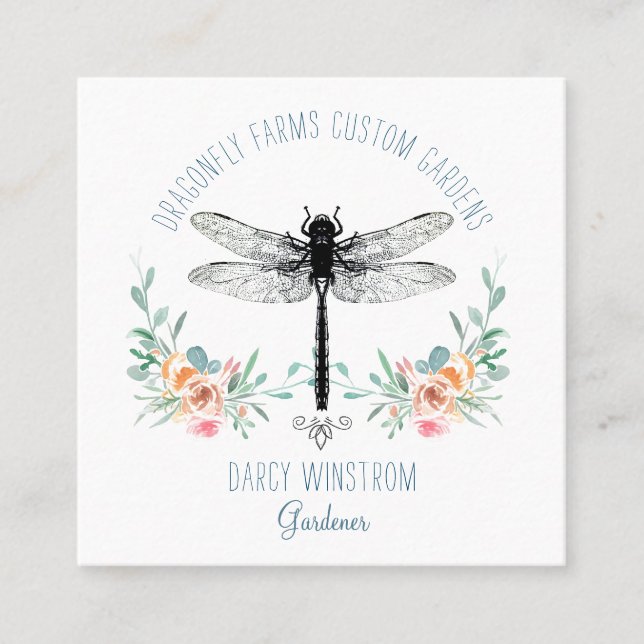 Hand Drawn Dragonfly Floral Gardener Square Busine Square Business Card (Front)