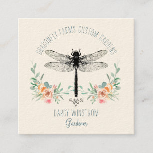 Hand Drawn Dragonfly Floral Gardener Square Business Card