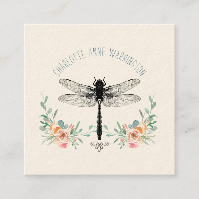 Hand Drawn Dragonfly Floral  Square Business Card (Front)