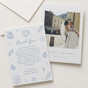 Hand Drawn Dusty Blue Coastal Beach Wedding Thank You Card