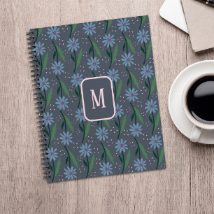 Hand-Drawn Dusty Blue Retro Daisy Monogram Noteboo Notebook