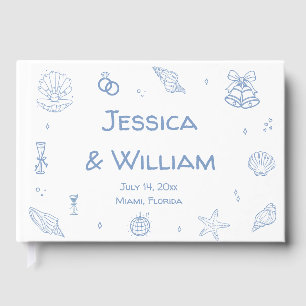 Hand Drawn Dusty Blue Seashells Coastal Wedding Guest Book