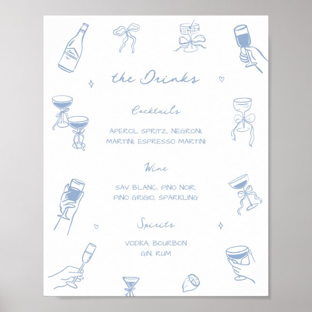 Hand Drawn Dusty Blue Wedding Bar Drink Menu Poster (Front)