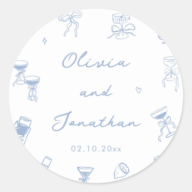 Hand Drawn Dusty Blue Wedding  Classic Round Sticker (Front)
