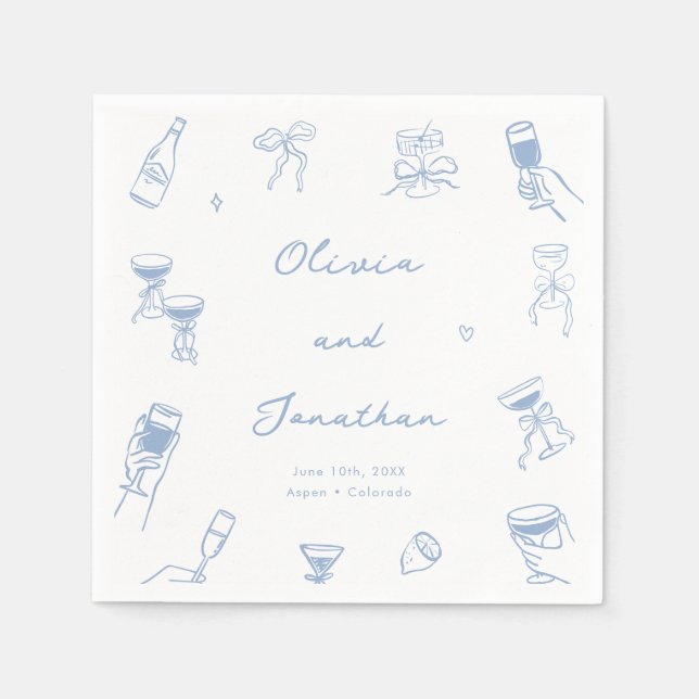 Hand Drawn Dusty Blue Wedding Napkin (Front)