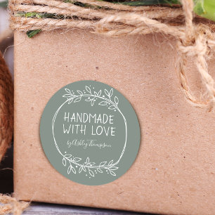 Hand Drawn Dusty Green Handmade With Love Classic Round Sticker