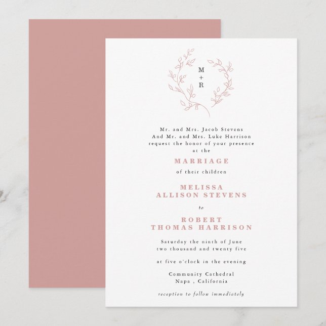 Hand Drawn Dusty Rose Sketch Wreath Formal Wedding Invitation (Front/Back)