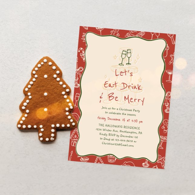 Hand-Drawn Eat Drink and Be Merry Holiday Party Invitation (Creator Uploaded)