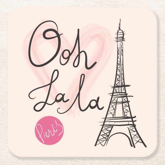 Hand Drawn Eiffel Tower Square Paper Coaster (Front)