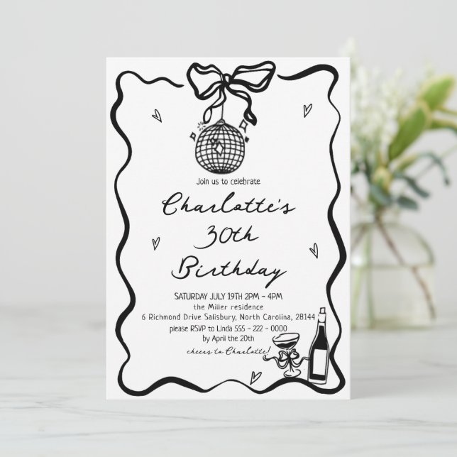 Hand Drawn Elegant disco ball 30th Birthday  Invitation (Standing Front)