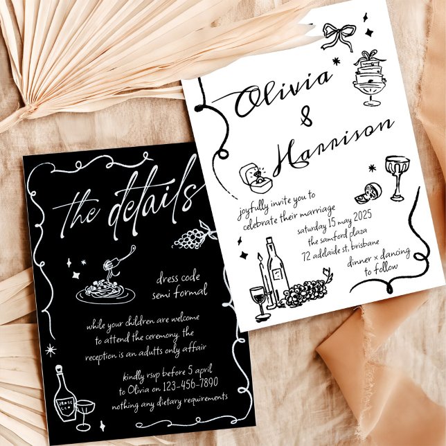 Hand Drawn Elegant Retro Black Wedding Invitation (Creator Uploaded)