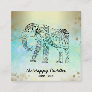*~* Hand Drawn Elephant Pattern Buddha Gold Square Business Card