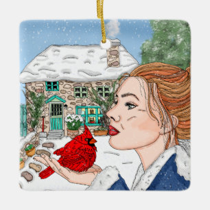 Hand Drawn English Cottage and Cardinal Ceramic Ornament