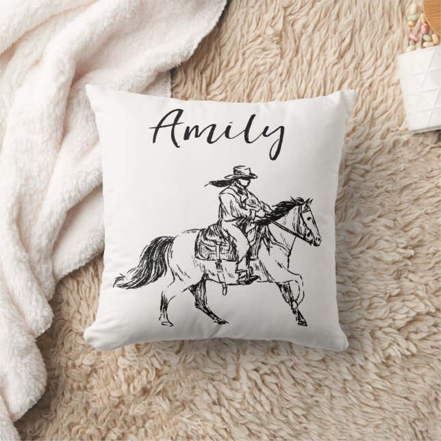 Hand-Drawn Equestrian Art Pillow with Custom Name (Blanket)