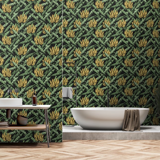 Hand Drawn Exotic Banana Bunches Leaves in Black Wallpaper (Bathroom)