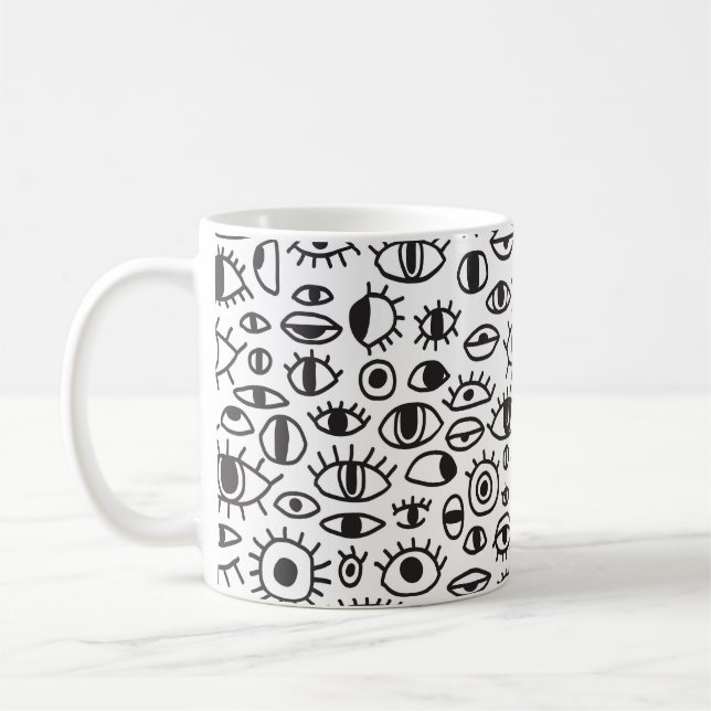 Hand-Drawn Eyes: Doodle Seamless Background. Coffee Mug (Left)