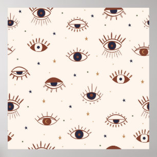 Hand Drawn Eyes Mystical Seamless Pattern. Evil Ey Poster