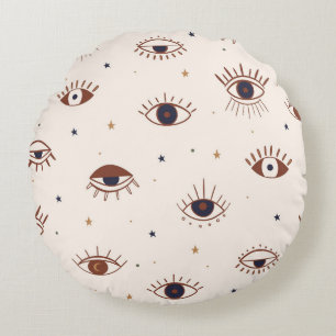 Hand Drawn Eyes Mystical Seamless Pattern. Evil Ey Round Cushion
