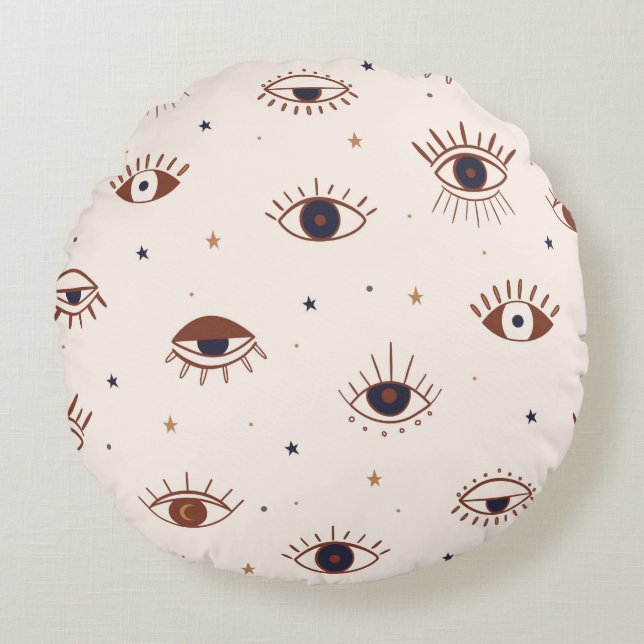 Hand Drawn Eyes Mystical Seamless Pattern. Evil Ey Round Cushion (Front)