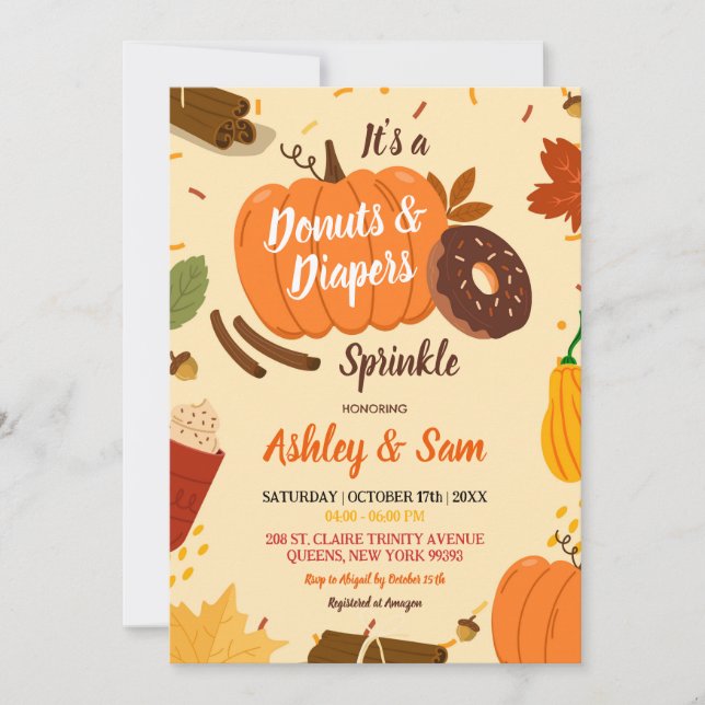 Hand Drawn Fall Pumpkin Doughnuts Diapers Baby Sho Invitation (Front)