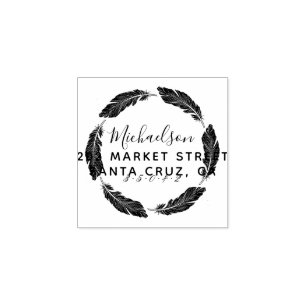 Hand-drawn Feather Family Name Return Address Rubber Stamp