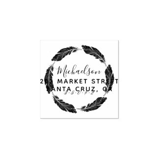 Hand-drawn Feather Family Name Return Address Rubber Stamp