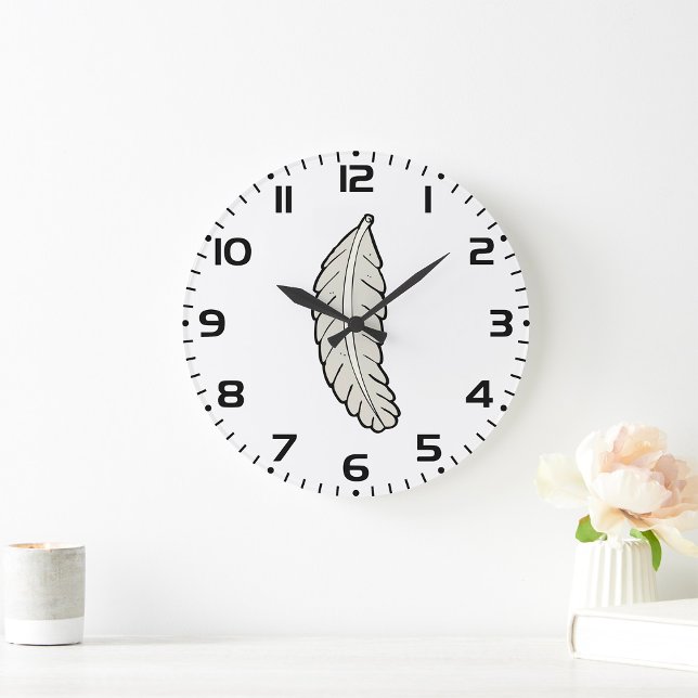 Hand Drawn Feather Minimalist Nature  Large Clock (Creator Uploaded)