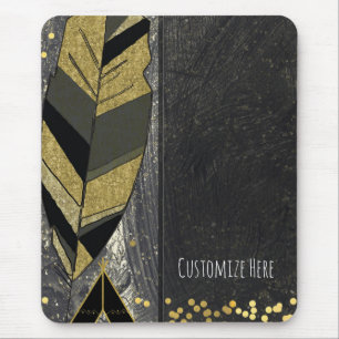 Hand Drawn Feather & Tepee Gold Black Boho Glam Mouse Pad