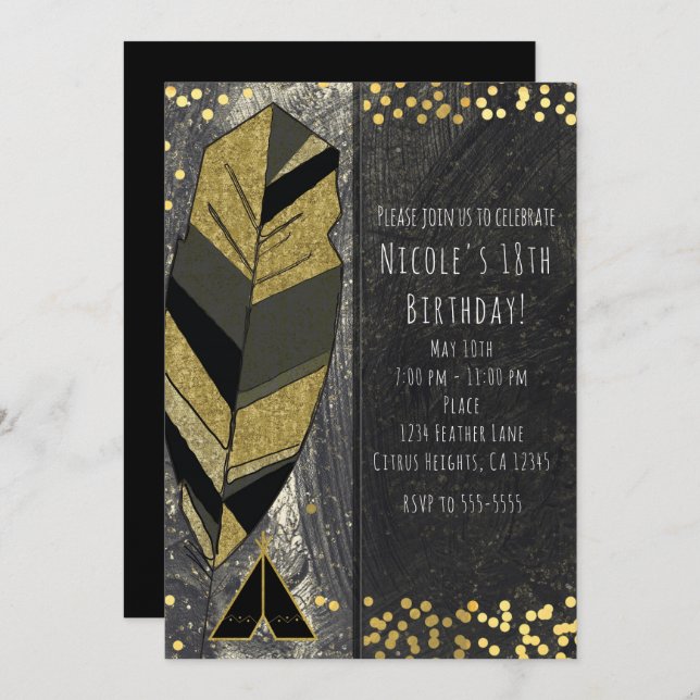 Hand Drawn Feather & Tepee Gold Black Invitations (Front/Back)